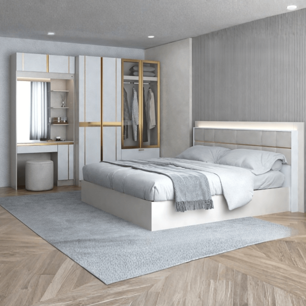 ชุดห้องนอน + ที่นอนสปริง 6 ฟุต WISDOM DESIGN FURNITURE รุ่น RACHEL160 สีขาว/ครีม